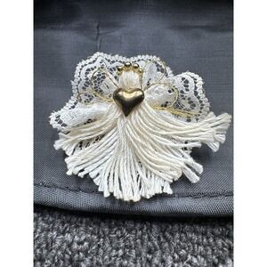 Vintage Handmade Angel Brooch Cream Gold Tassel Textile Art Pin